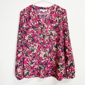 Loft Blouse Womens Medium Pink Floral Print Long Sleeve Half Button Top
